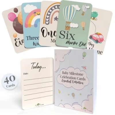 Image of 40 Baby Milestone Cards in Gift Box Shower Gifts for Mum New Boy or Girl Unisex Parents Pregnancy and Keepsake