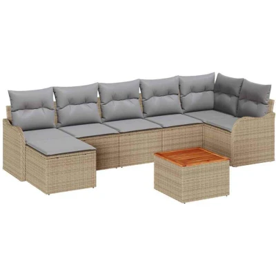 Image of vidaXL 8 Piece Garden Sofa Set with Cushions Beige Poly Rattan Acacia
