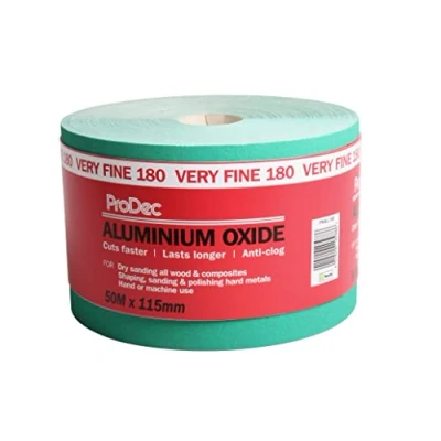 Image of ProDec 50m Roll 180 Grit Very Fine Grade Green Aluminium Oxide Abrasive Sanding Paper for Wood, Paint, Plaster, Filler, Metal and More, 115mm Wide Sandpaper Compatible with Machine Sanders
