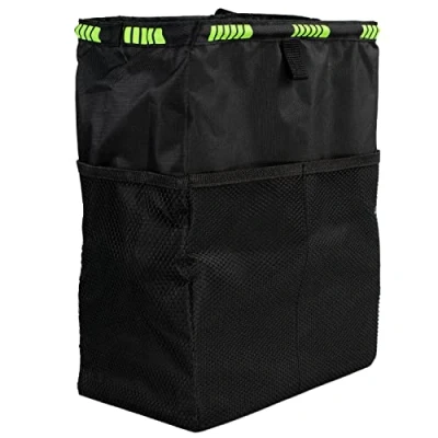 Image of Folding Car Rubbish Bin, Hanging Trash Bag with Adjustable Straps and Multiple Pockets Portable Waterproof Back Seat Tidy Waste Paper Bin Warning Strip for Van SUV Boat Truck