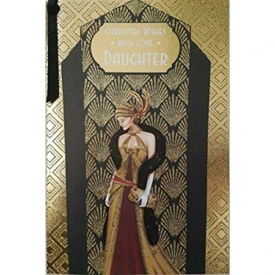 Image of Art Deco Daughter Glittered Christmas Card with Ribbon Detail