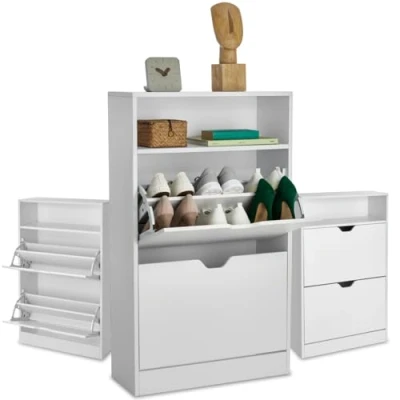 Image of TecTake® Modern Shoe Storage Cabinet with 2 Tilt Drawers, Open Shelving for Extra Storage, Handle Cut Outs Ventilation, Removable Shelves &amp; Tip Over Protection, Easy to Assemble Clean White