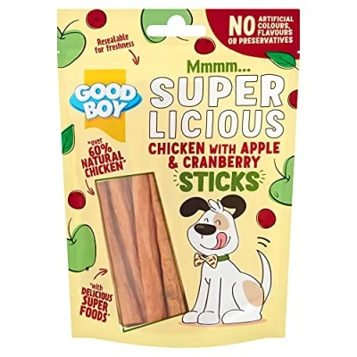 Image of GOODBOY SUPER LICIOUS NATURAL MEAT DOG PUPPY TREAT SOFT CHEW STICKS,CHICKEN WITH APPLE &amp; CRANBERRY, CHICKEN BROCCOLI SWEET POTATO, 100G (CHICKEN 1 PACK)
