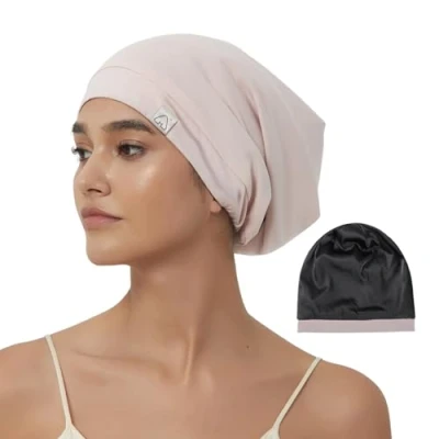Image of hat Hut Silk Bonnet Satin Hair Wrap for Sleeping, Adjustable Sleep Cap Curly Lined Beanie Cover Women Men (UK, Alpha, L, Dusty Pink)