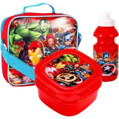 Image of QDS Marvel Avengers Kids Insulated 3 Piece Lunch Bag School Sandwich Box &amp; Bottle Set, Blue