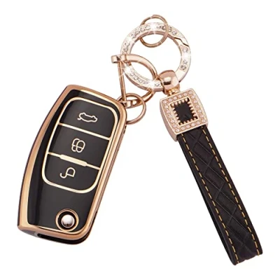 Image of Koaudb Car Key Fob Cover Case Shell Fit for Ford Focus Fiesta Galaxy Kuga C Max S Mondeo MK4 3 Buttons Flip Folding with Leather Keychain Lanyard Black Gold (BP Frd 3F)