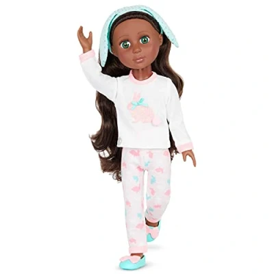 Image of Glitter Girls 62243448230 Eniko 36 sm Slumber Party Doll Brown Hair and Green Eyes Poseable Arms Legs Bunny Pajama Outfit Headband, Multiple