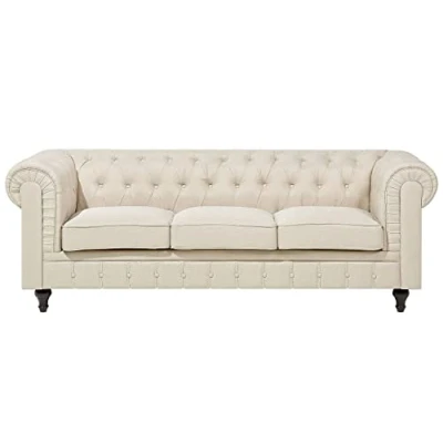 Image of Beliani Modern Scroll Arm 3 Seater Fabric Sofa Tufted Back Beige Chesterfield