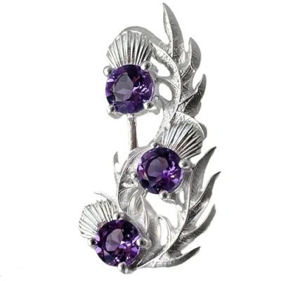 Image of CAIRN Sterling Silver Scottish Thistle Brooch With 3 Amethysts Nectar. Jewellery Gift Box Included. 5807