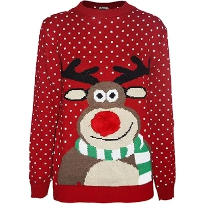 Image of Unisex XL Red Festive Christmas Jumpers Novelty Rudolph Pom 3D Nose Sweater Knitted Xmas Jumper
