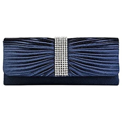 Image of Eleoption Womens Satin Diamante Ladies Pleated Bow Wedding Bridal Prom Handbag Clutch Bag, Navy Blue, XL