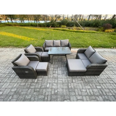 Image of Outdoor Rattan Garden Furniture Set 10 Seater Patio Lounge Sofa with Dining Table 3 Footstools Dark Grey Mixed Fimous