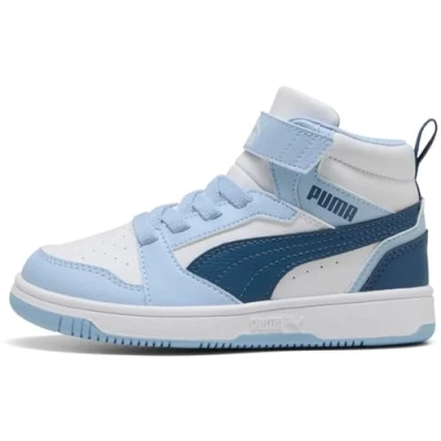 Image of PUMA Rebound V6 MID AC+ PS Sneaker, White Dark Indigo Haute Tropic, 1 UK Child