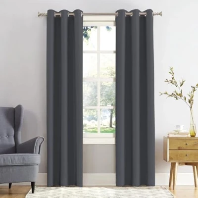 Image of REHAN &amp; CO Blackout Thermal Insulated Curtains Drapes Black out Ring Top Eyelet window curtain 2 panels with Tie Backs for Bedroom, Living Room (Charcoal, W46 x L72)