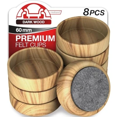 Image of Medipaq Premium Felt Castor Cups for Wooden Floors &amp; Smooth Surfaces 8x Large 60mm diameter Dark Wood Grain Chair Leg Floor Protectors Castors Furniture