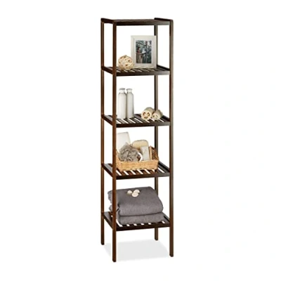 Image of Relaxdays Bamboo Bath Rack, 5 Shelves, Hxwxd: 139.5 x 34.5 33 cm, Tall Freestanding Shelving Unit, Wooden Dark Bamboo, Brown