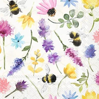 Image of Boston International IHR 3 Ply Paper Napkins, 20 Count Lunch Size, Summer Bees Cream