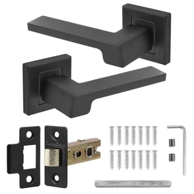 Image of Decoranddecor Spectra Matt Black Door Aluminium Handles Lever On 54mm Square Rose Latch Kit