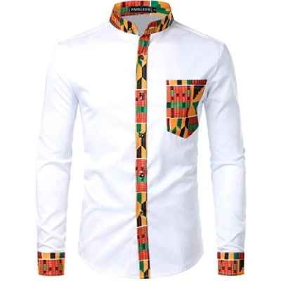 Image of PARKLEES Men&#039;s African Dashiki Tribal Graphic Patchwork Long Sleeve Printed Grandad Collar Shirt PZZCL46 White XXL