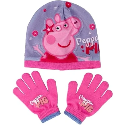 Image of Peppa Hat &amp; Gloves Set Girls Age 2 6 Years Childrens Beanie Winter With Wooly Glove Pink Official Pig Character Design