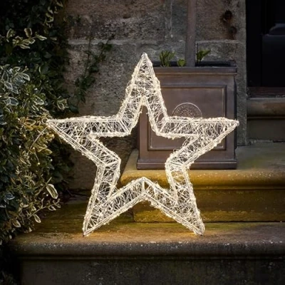 Image of Lights4fun Christmas 38cm Wire Wrapped Light Up Star Decoration 700 Warm White Micro LEDs Plug In Timer Indoor and Outdoor Use