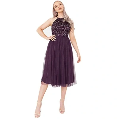 Image of Maya Deluxe Women&#039;s Ladies Midi Dress with Halter Neck Tulle for Evening Graduation Prom Wedding Bridesmaids Ball Gown, Berry, 16