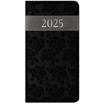 Image of 2025 Slim Wallet Size Diary Week to View Black Floral Design Faux Leather Band