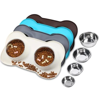Image of VIVAGLORY Dog Bowls 1270ml Each Stainless Steel Water and Food Bowl Pet Cat Feeder with Non Spill Skid Resistant Silicone Mat, Ivory