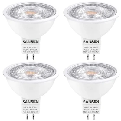 Image of SANSUN 5W MR16 LED Bulbs, 12v 50w Halogen Replacement, GU5.3 Bi Pin Base, Daylight White 4000K, Non Dimmable, (Pack of 4)