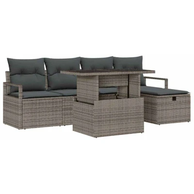 Image of vidaXL 6 Piece Garden Sofa Set with Cushions Grey Poly Rattan