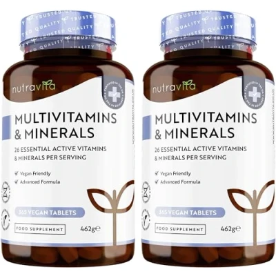 Image of Multivitamins &amp; Minerals (2 Packs of 365) 730 Vegan Multivitamin Tablets 2 Year Supply for Men Women with 26 Essential Active Vitamins Made in UK by Nutravita