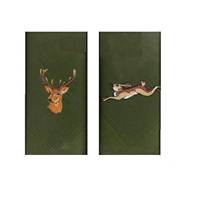 Image of Two 40cm Square cotton embroidered green handkerchiefs with a stag head on one and running hare the other