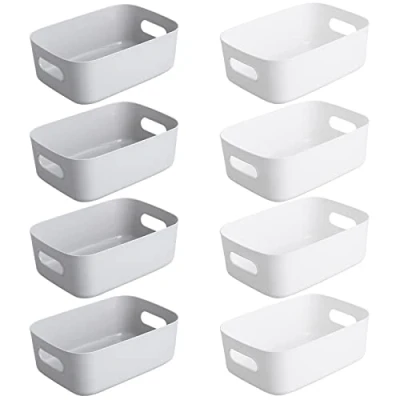 Image of Bgfuni Set of 8 Small Plastic Storage Baskets, Office Home and Kitchen Tidy Organiser, White Studio Baskets for Small, Shelf 20 x14 x7.5cm