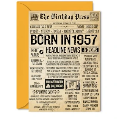Image of 68th Birthday Card for Women Men Bday Press Newspaper 1957 Happy 68 Cards Cousin Husband Dad Auntie Uncle Grandad, 5x7 Inch Greeting