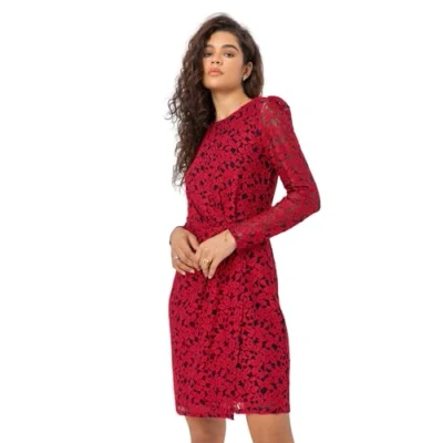 Image of Roman Originals Ruched Detail Lace Wrap Dress for Women UK Ladies Autumn Everyday Winter Holiday Round Neckline Comfy Long Sleeve Soft Frock Keyhole Gowns Red Size 20