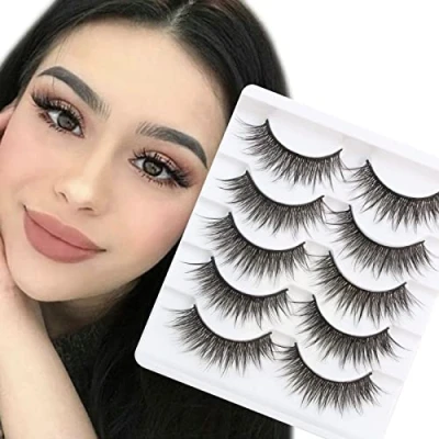 Image of Glowingwin Fake Lashes Wispy Mink Eyelashes Natural Look Light Volume False Dramatic Fluffy Faux Strip 5 Pairs Pack