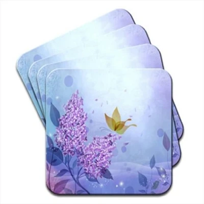 Image of Purple Flower &amp; Butterfly Magical Scene Set of 4 Coasters
