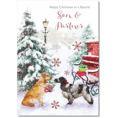 Image of doodlecards Son &amp; Partner Christmas Card Two Dogs in Snow Medium Size with Plain Red Envelope, 21 x 15cm