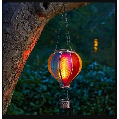 Image of Garden Mile Balloon Fiesta Realistic Flaming Effect Solar Powered Hot Air Hanging Lantern Colourful Metal Light for Outdoor Indoor Use Novelty Patio Lighting (Mutli Coloured)