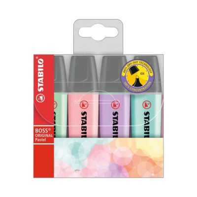 Image of Highlighter STABILO BOSS ORIGINAL Pastel Pack of 4 Mellow Coral Red, Cherry Blossom Pink, Cloudy Blue, Dash Lime