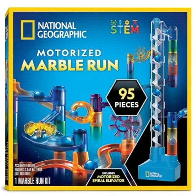 Image of National Geographic Marble Run with Motorized Elevator 95 Piece Maze Kit Spiral Lift, 20 Marbles, Storage Bag &amp; More, Perpetual Motion Machine, Game, Kids Physics Toys