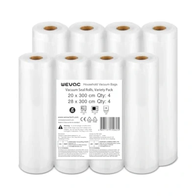 Image of Wevac Lite 8 Pack (4)20x300cm and (4)28x300cm Food Rolls Sous Vide Bags for Saver, Commercial Grade, BPA Free, Heavy Duty, Vacuum Seal Great Meal Prep Cooking(Total 24m)