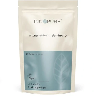 Image of INNOPURE Magnesium Glycinate 90 Capsules Bioavailable Supplements for Sleep Support 500mg Per Capsule Providing 100mg of Pure Elemental Bisglycinate Powder Made in The UK