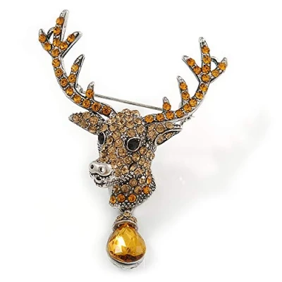 Image of Avalaya Statement Topaz Coloured Austrian Crystal Stags Head Brooch/Pendant in Aged Silver Tone 70mm Length