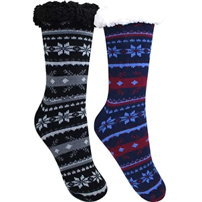 Image of TeddyTs Men&#039;s Thermal Fairisle Lounge Slipper Socks With Grippers (2 Pair Pack) (Grey &amp; Navy Burgundy)