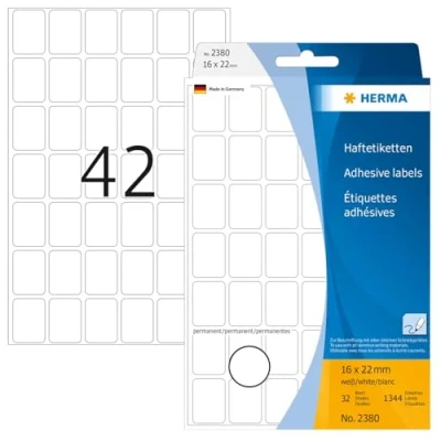 Image of HERMA Multi Purpose Labels, 42 Labels per Sheet, 32 Sheets, 16 x 22 mm, 1344 Self Adhesive Small Stickers, Blank Sticky for Office Kitchen Home, White