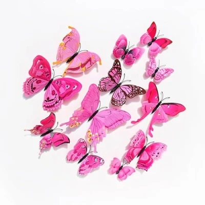Image of 3D Butterfly Wall Sticker, Double Layer Butterfly, Refrigerator Bedroom Party Wedding Decoration, Room Decoration (Pink, 12)