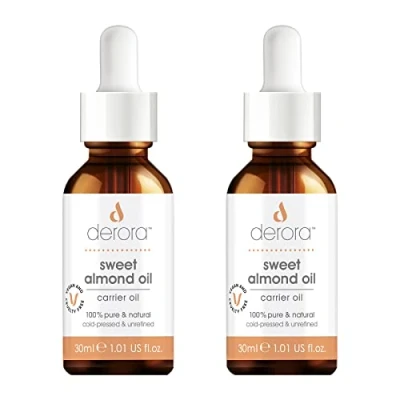 Image of Derora Sweet Almond Oil Nourishes Skin, Hair &amp; Nails 100% Pure Natural Antioxidant Vitamin A, B, D E Rich For All Skin Types Vegan Cruelty Free (30ml x2)