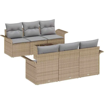 Image of vidaXL 7 Piece Garden Sofa Set with Cushions Beige Poly Rattan