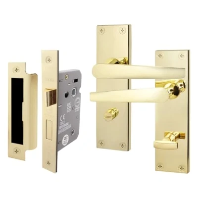 Image of EAI Polished Brass Bathroom Door Handle Set 1 Pair Handles on Backplate with Lock (64mm) Straight Pattern